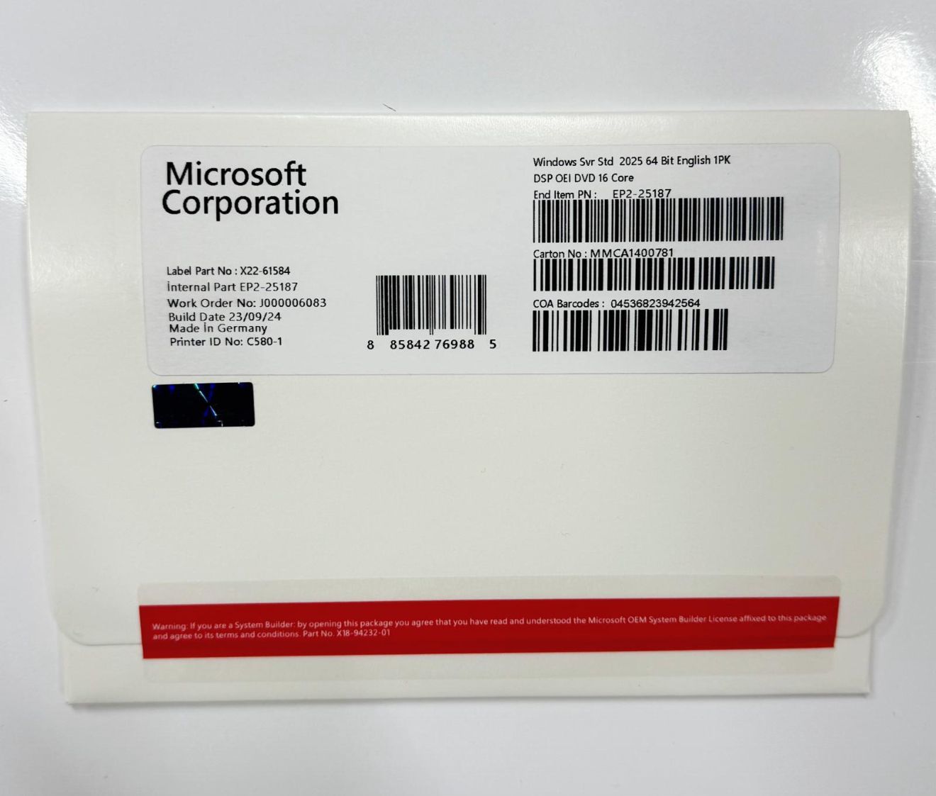Microsoft Windows Server 2025 Standard 16 core OEM DVD Kutu EP2-25187