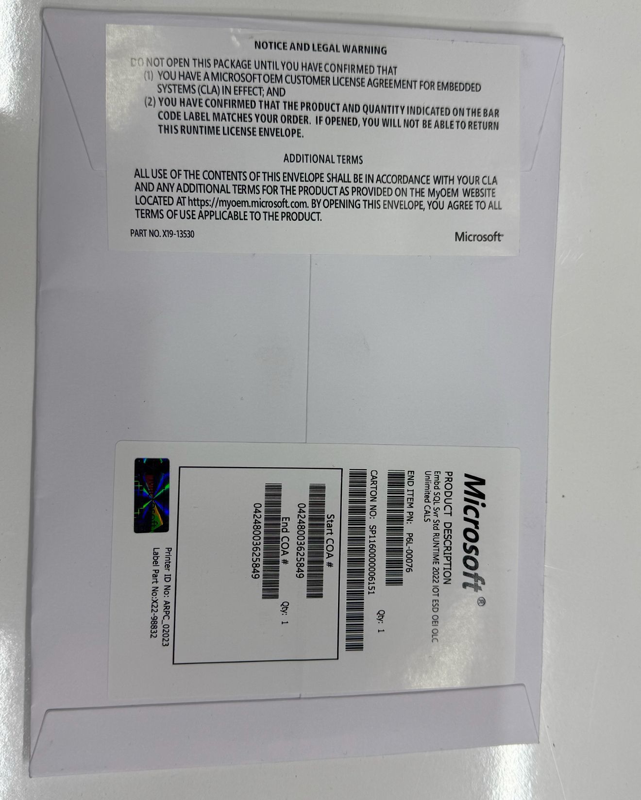 Microsoft SQL Srv Std RUNTIME 2022 IoT ESD OEI OLC unlimited CALS Box P6L-00076